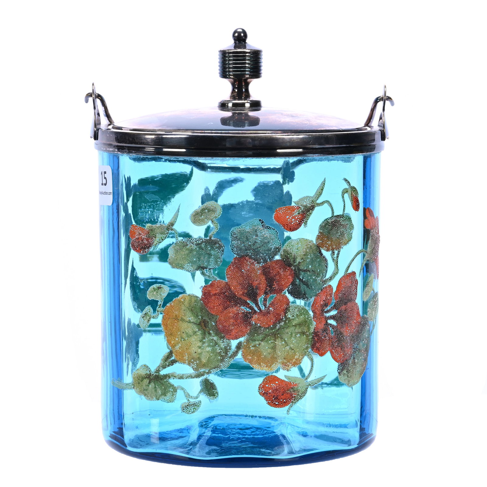 Biscuit Jar, Blue Art Glass With Coralene Floral Overlay: Biscuit Jar, Blue Art Glass With Coralene Floral Overlay, 7.5" x 5.25", Silverplate Lid And Bail, Grady And Annette Hite Collection, NC.
