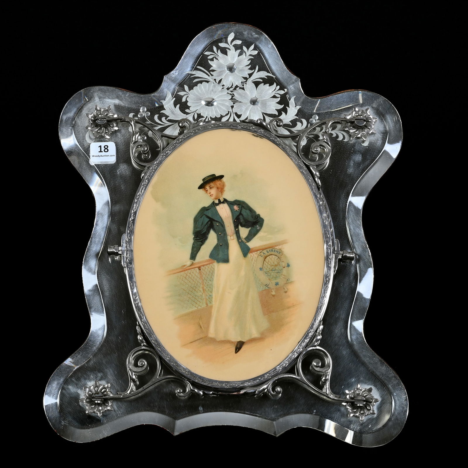 Triptych Vanity Mirror, Large Center All Glass Panel With Floral Design (1 of 4)