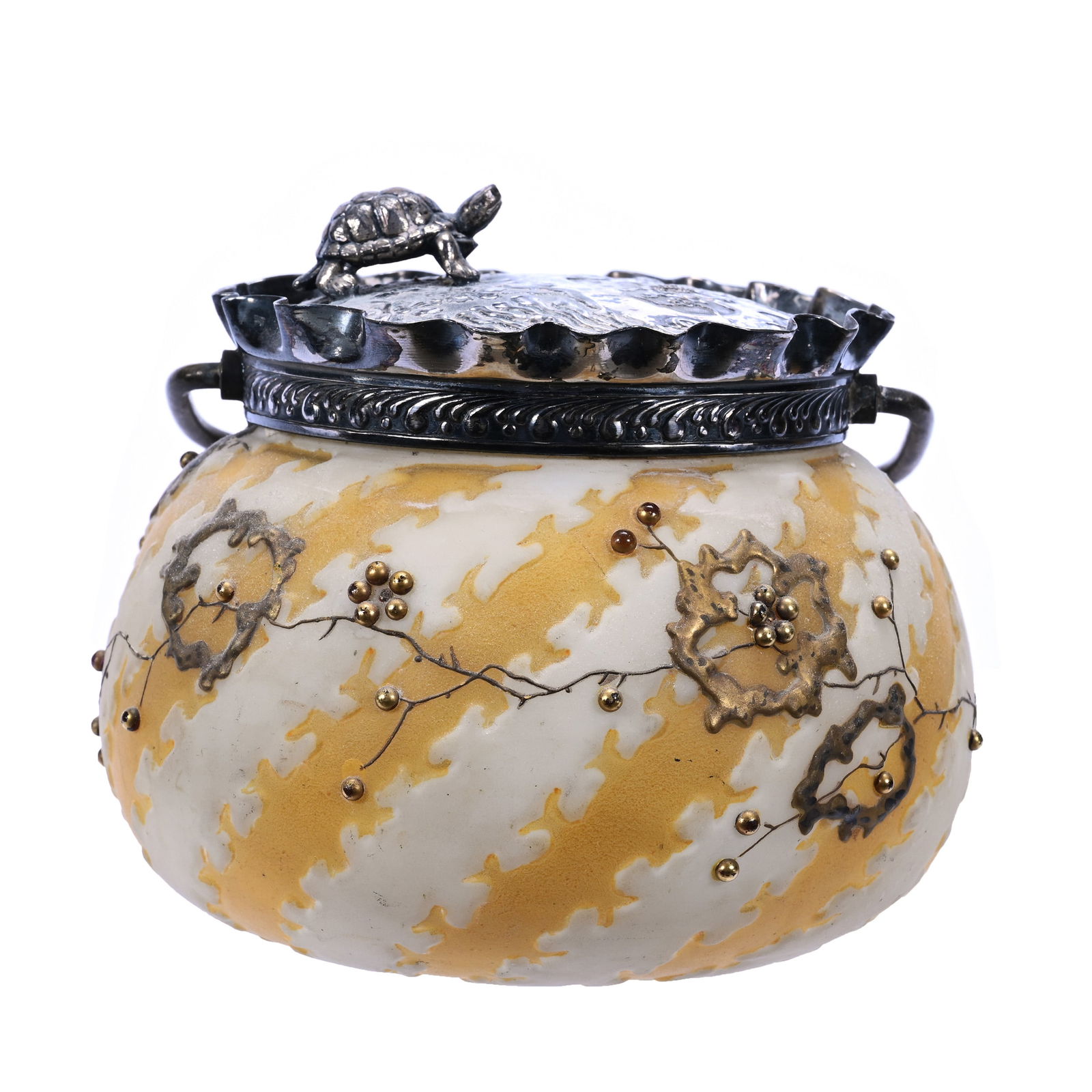 Sweetmeat, Unmarked Crown Milano Art Glass, Zipper Mold, Yellow And White Ground (1 of 3)