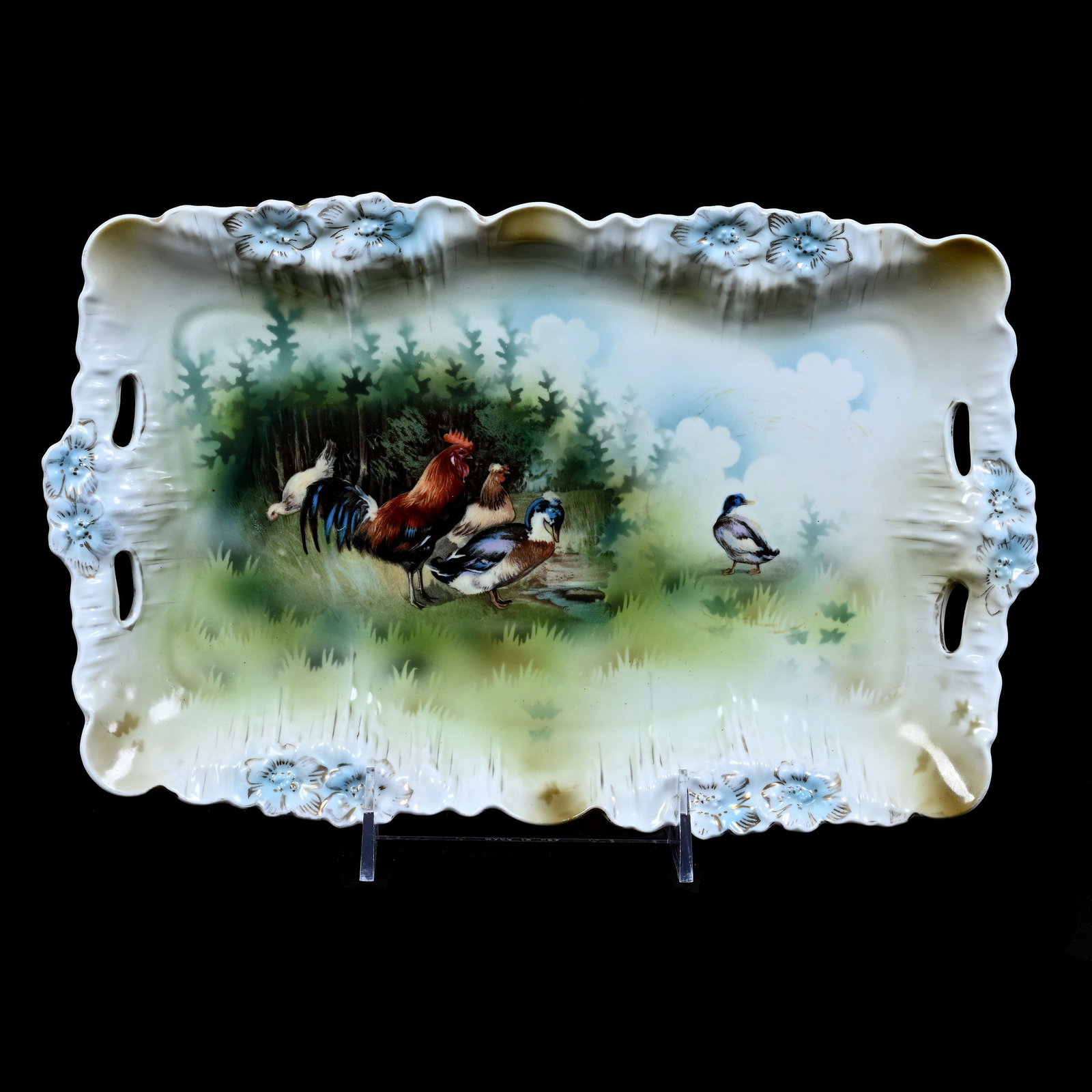 Dresser Tray Marked R.S. Prussia, Icicle Mold, Farmyard And Duck Runner Decor: Dresser Tray Marked R.S. Prussia, Icicle Mold, Farmyard And Duck Runner Decor, 7.5" x 11.5", Grady And Annette Hite Collection, NC.