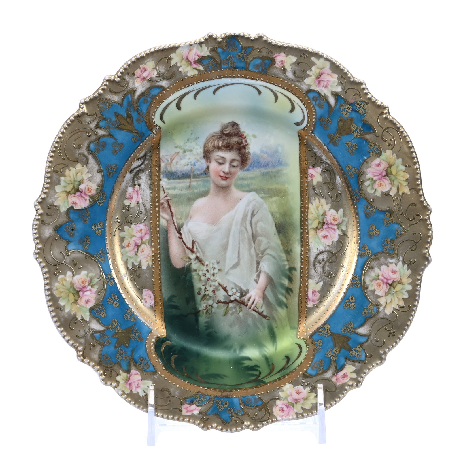 Plate Marked R. S Prussia, Mold #343, Spring Season Keyhole Portrait Decor: Plate Marked R. S Prussia, Mold #343, Spring Season Keyhole Portrait Decor, 8.75", Unique Pale Blue Border With Heavy Gold, Some Minor Gold Wear, Grady And Annette Hite Collection, NC.