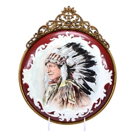 Round Plaque, Unmarked Wave Crest, Scroll Mold,, Beautiful Hand Painted Native American Chief Decor