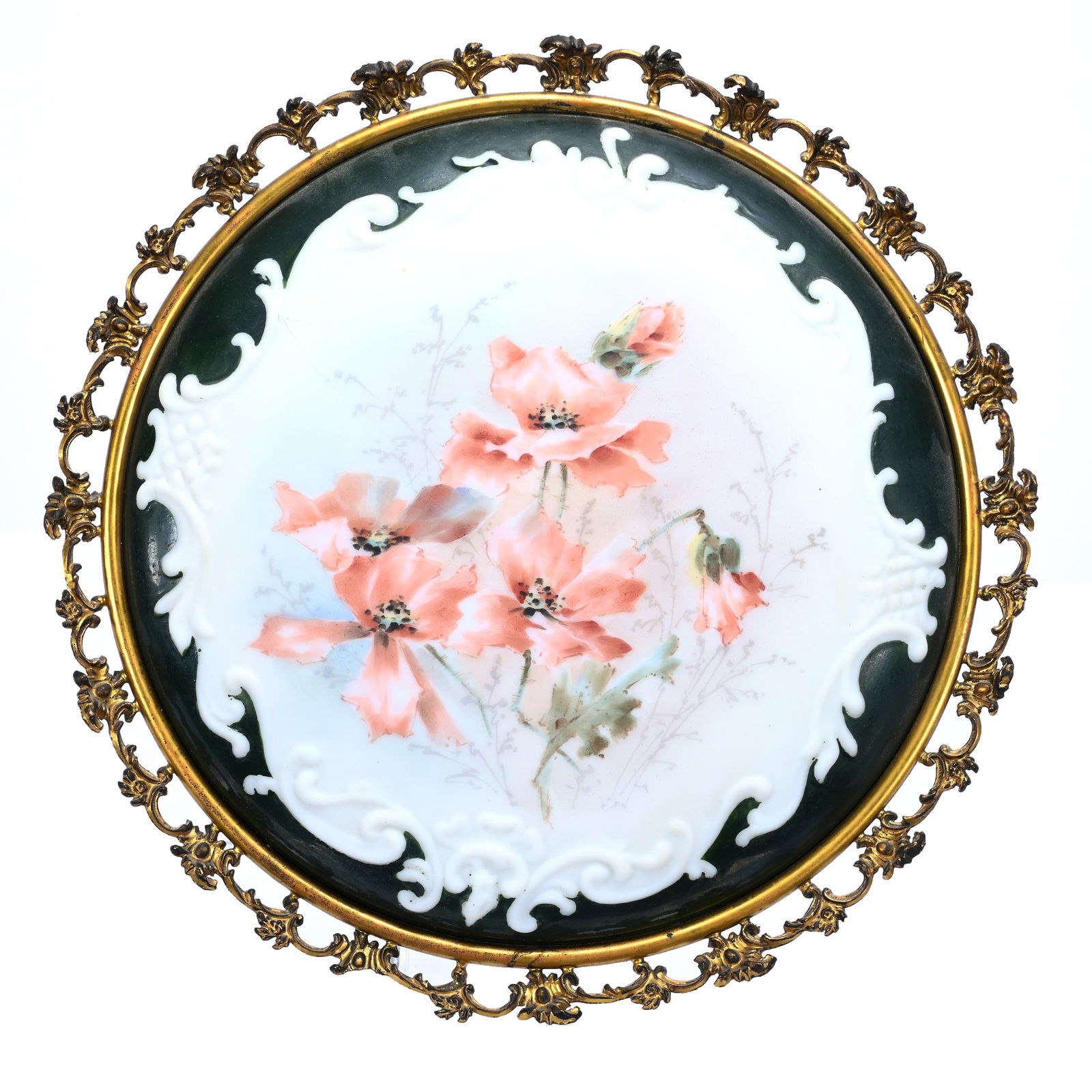 Round Plaque, Unmarked Wave Crest, White With Green Border, Pink Poppy Decor (1 of 2)