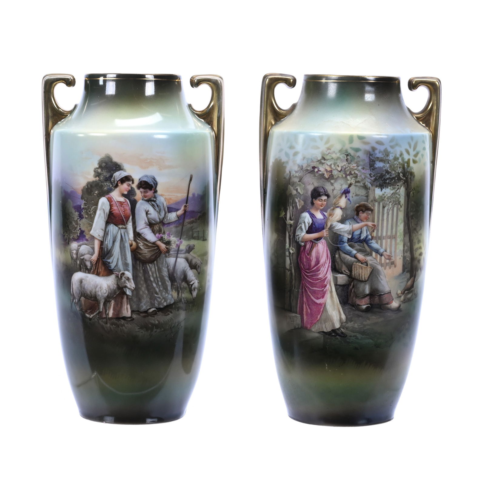 Pair Vases, R.S. Suhl, Green Tones With Scenic Decor (1 of 3)