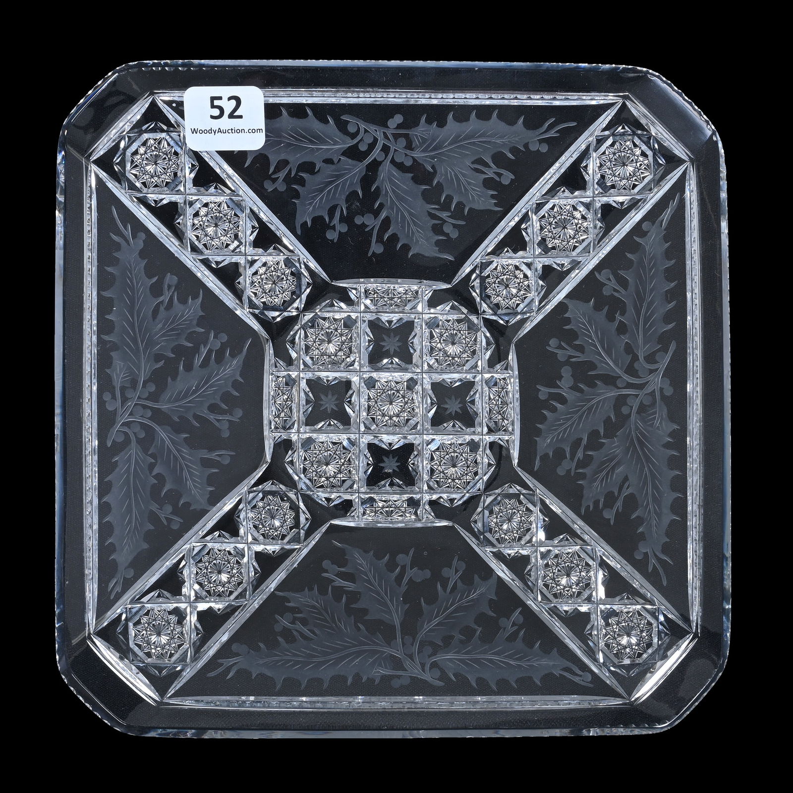 Square Plate, American Brilliant Cut Glass, Signed Sinclaire Snowflake And Holly Pattern (1 of 2)