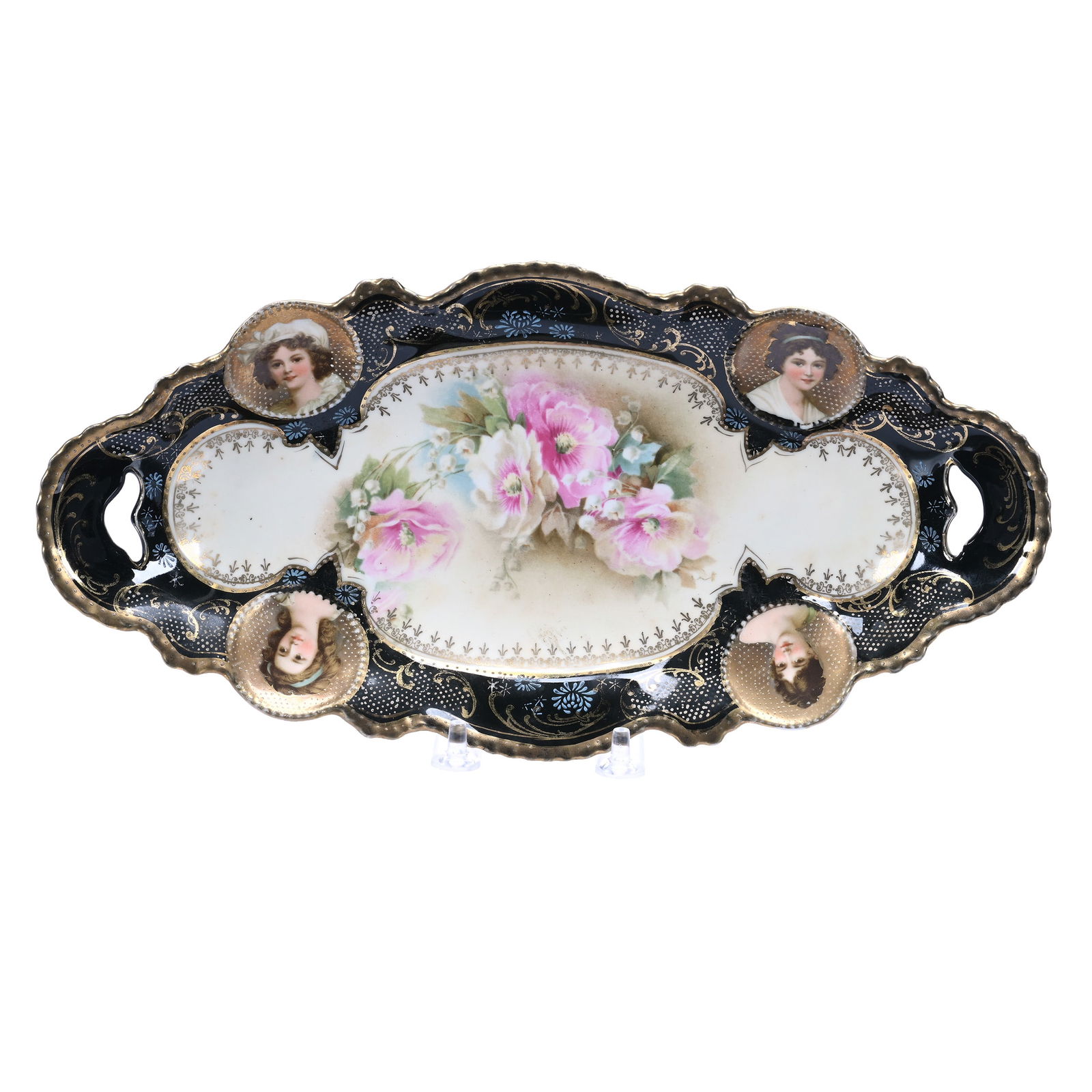 Celery Tray Marked R.S. Prussia, Floral With Lily Of Valley Decor, Black Border, Cream Ground (1 of 2)