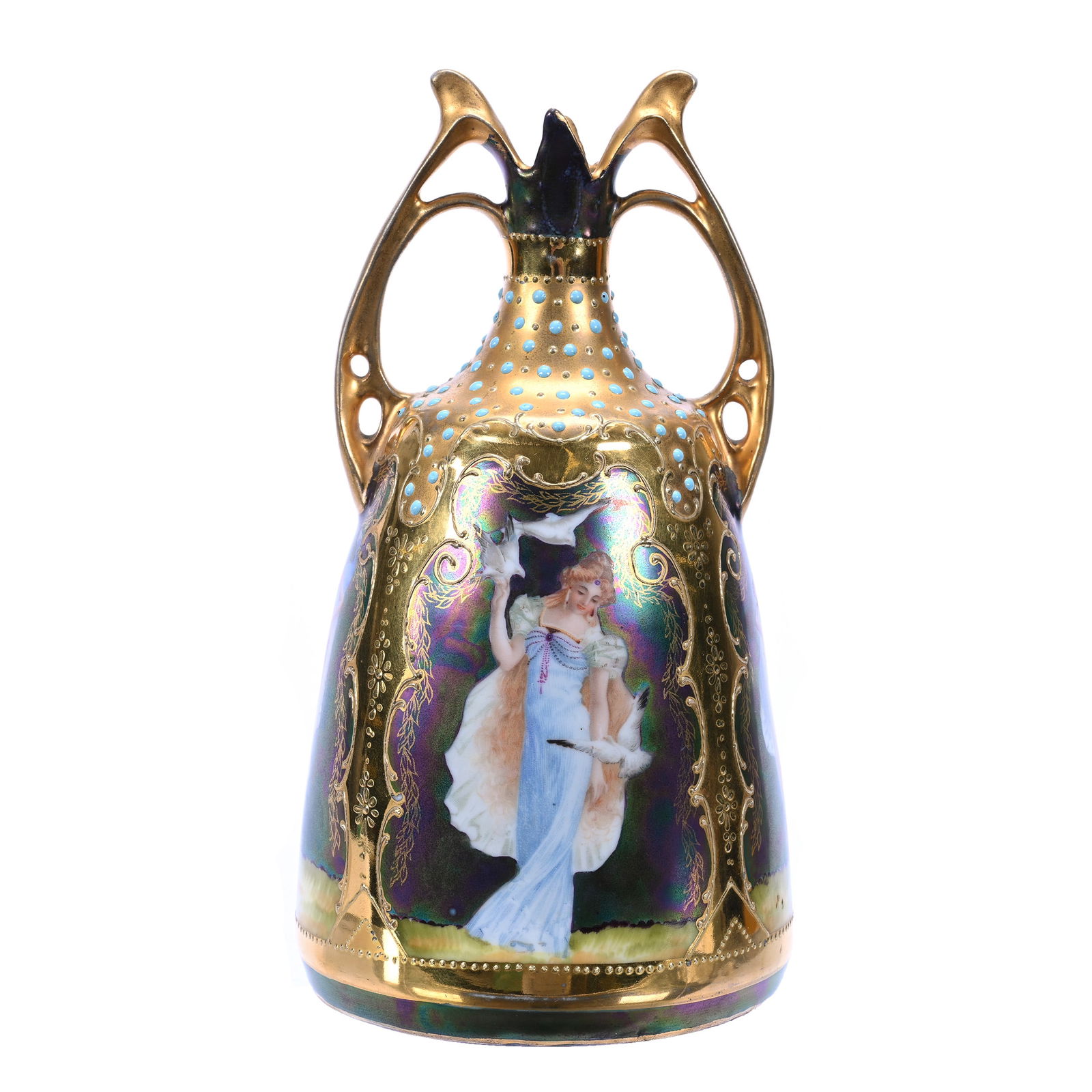 Vase, Two Handles, Marked Prov Saxe, Iridescent Tiffany Ground (1 of 3)