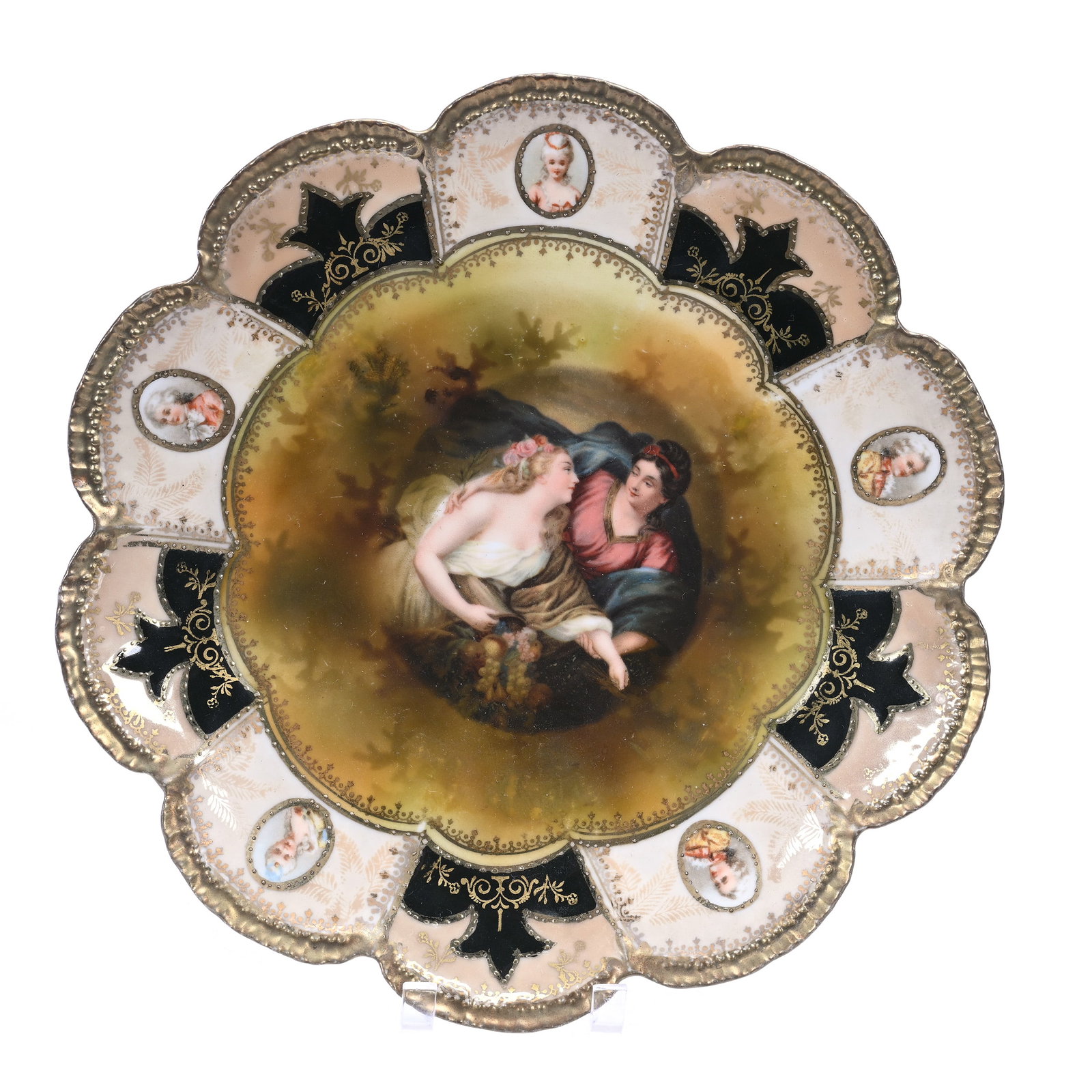 Plate Marked R.S. Prussia, Brown Tones, Peace Bringing Plenty Decor: Plate Marked R.S. Prussia, Brown Tones, Peace Bringing Plenty Decor, 7.75", Pink, Cream And Black Border, Medallion Portraits Of Renaissance, Gold Stencil Highlights, Grady And Annette Hite Collection