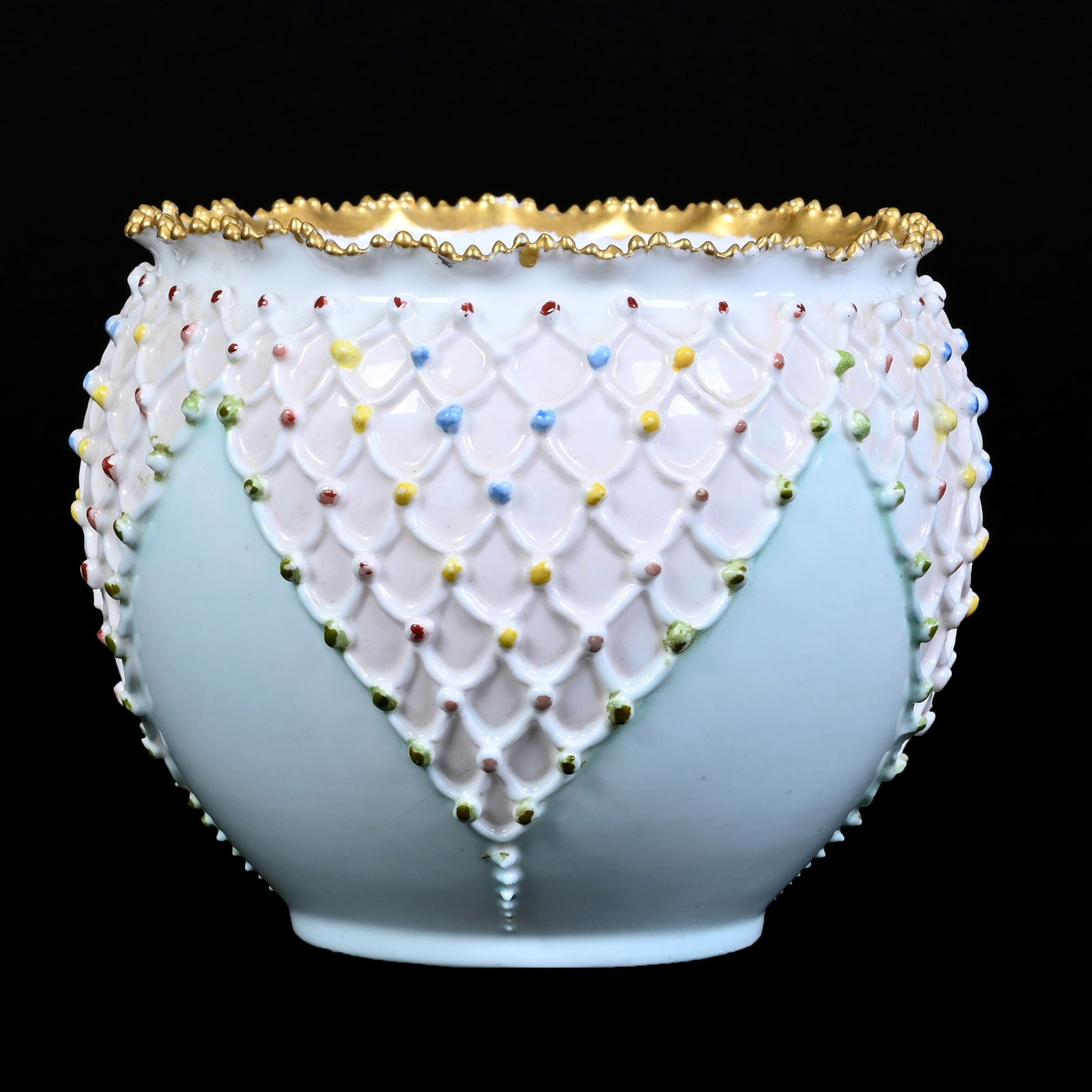 Bowl Marked Lotus Ware, Light Blue With Colorful Fishnet Design (1 of 3)
