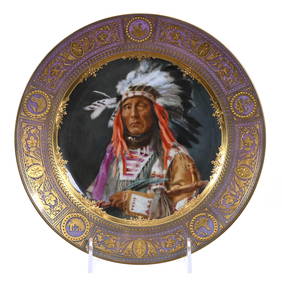 Plate Marked Beehive, Exceptional Hand Painted Portrait Of Native American Chief "Shot In The Eye" (1 of 3)