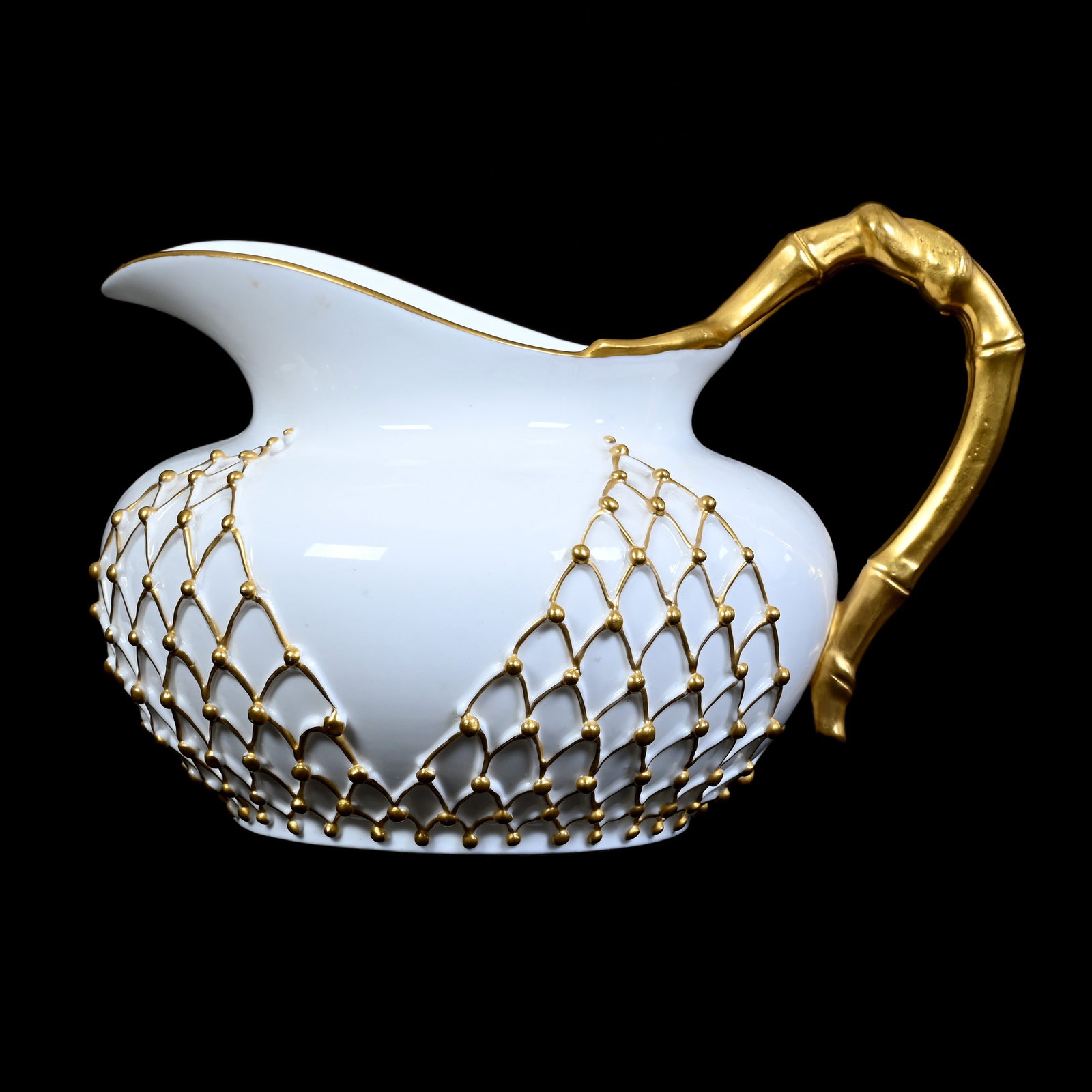 Pitcher Marked Lotus Ware, White With Fishnet Design And Gilded Highlights: Pitcher Marked Lotus Ware, White With Fishnet Design And Gilded Highlights, 5" x 7.5", Grady And Annette Hite Collection, NC.