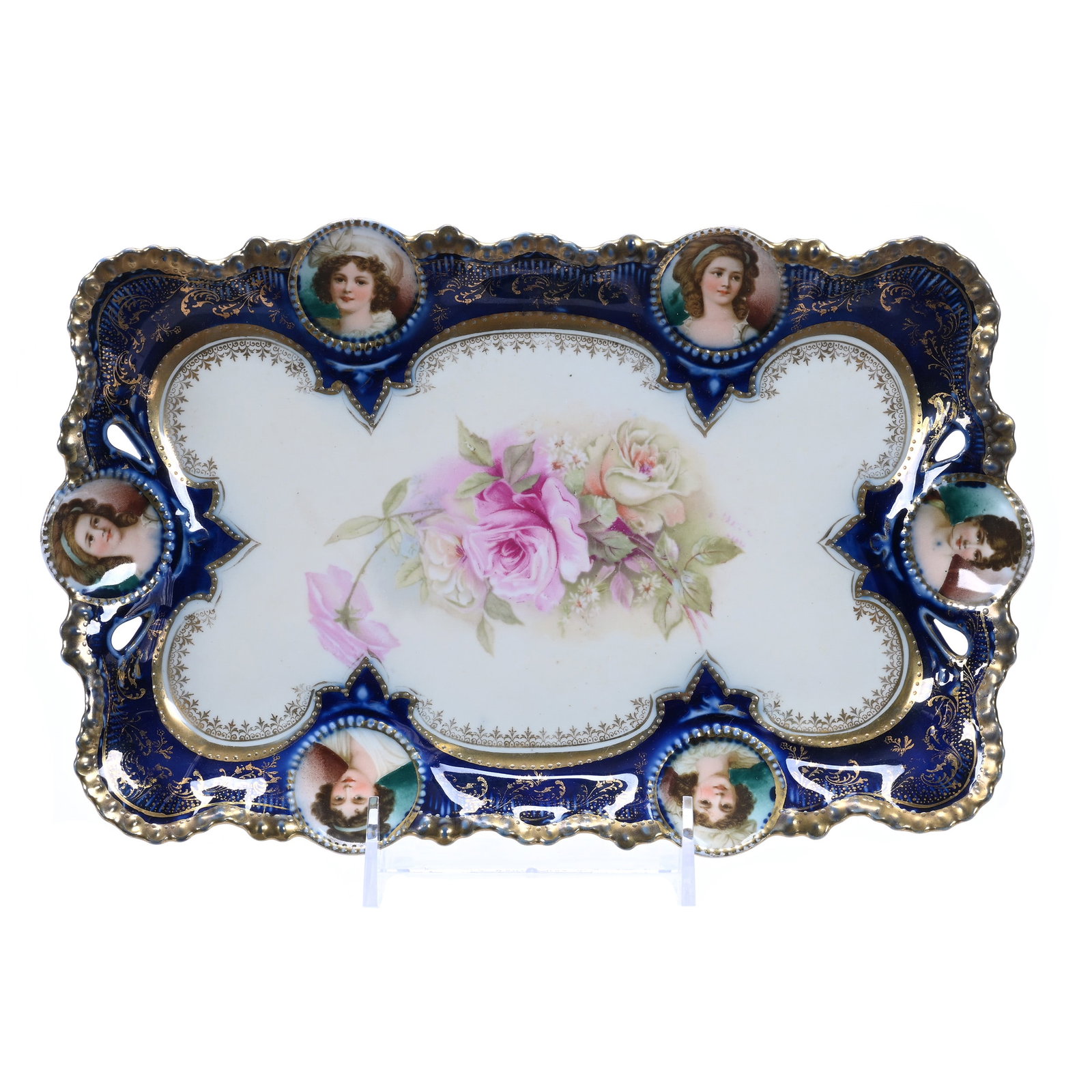 Dresser Tray, Unmarked R.S. Prussia, Portraits Of Recamier, Potacka, Lebrun With Hat, Lebrun With: Dresser Tray, Unmarked R.S. Prussia, Portraits Of Recamier, Potacka, Lebrun With Hat, Lebrun With Ribbon, 11.75" x 7.5", Medallion Mold, Cream Center, Rose Decor, Cobalt Blue Border, Grady And Annette