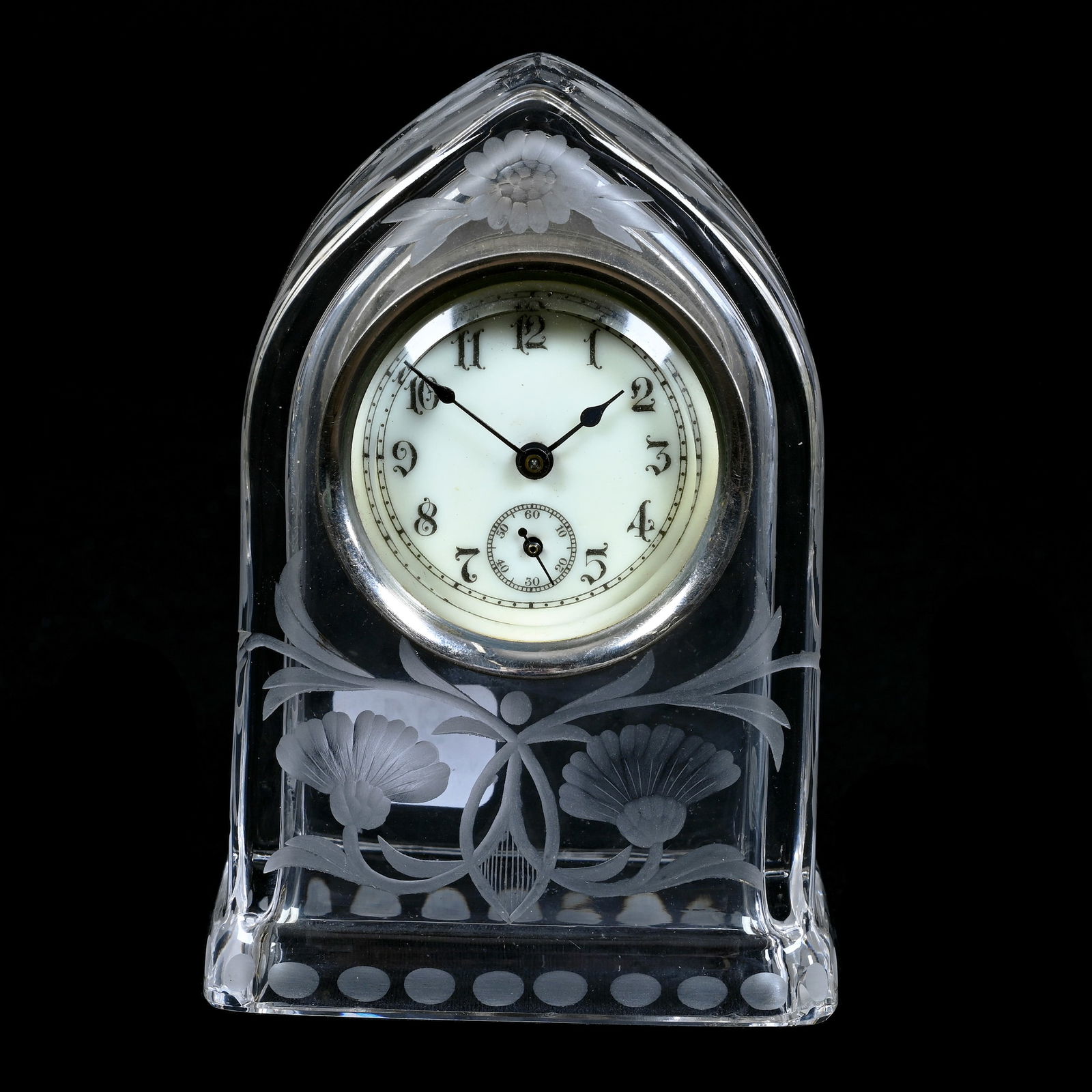 Desk Clock, American Brilliant Cut Glass, Signed Sinclaire Engraved Floral Decor (1 of 3)