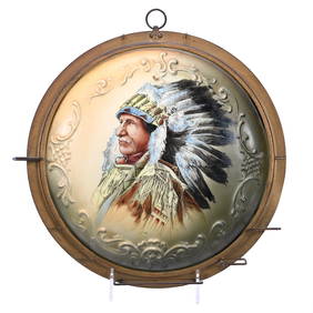Round Plaque, Unmarked Wave Crest, Scroll Mold, Rare Native American Chief Portrait (1 of 3)