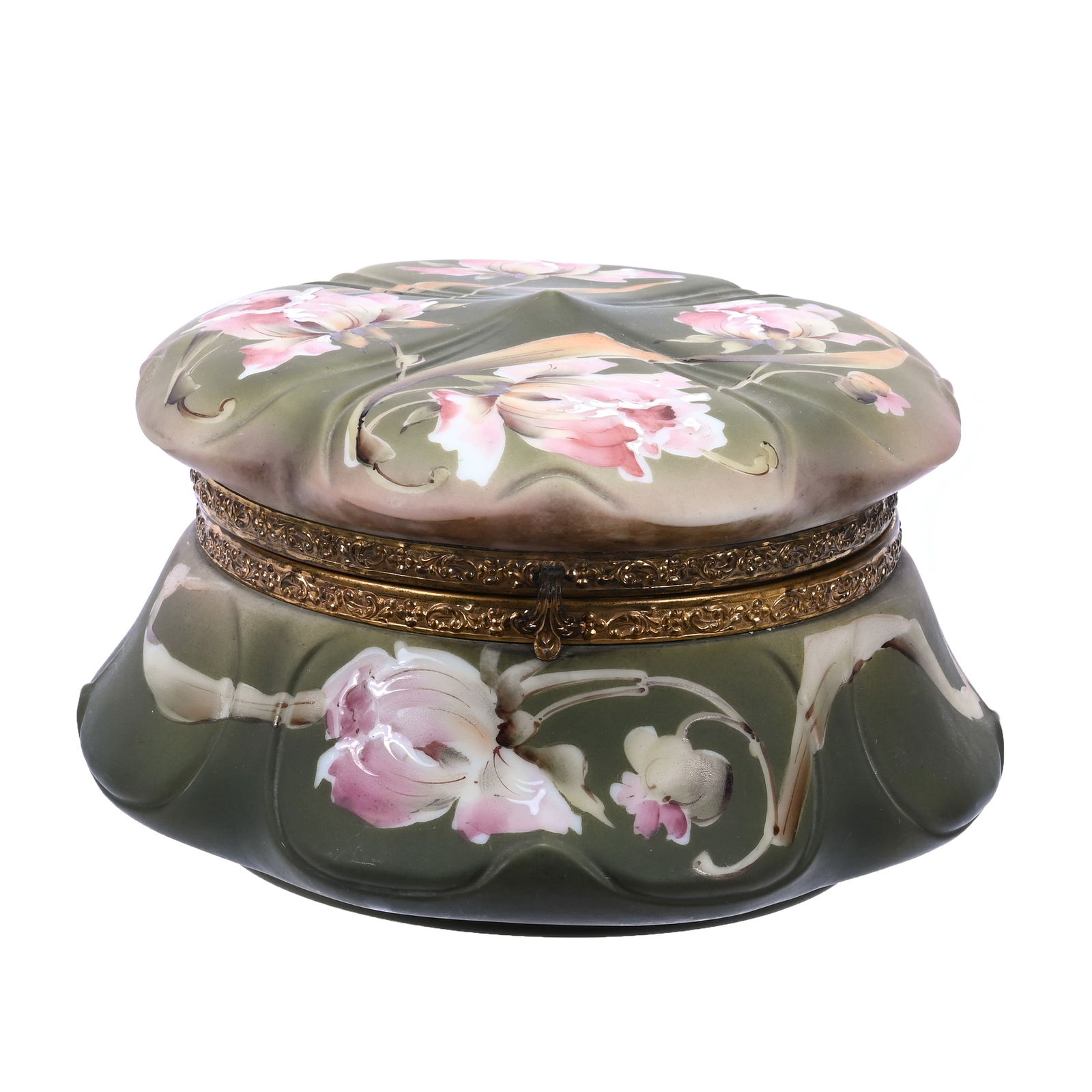 Dresser Box Marked Nakara Art Glass, Green And Pink Tones, Pink Tulip Decor (1 of 4)