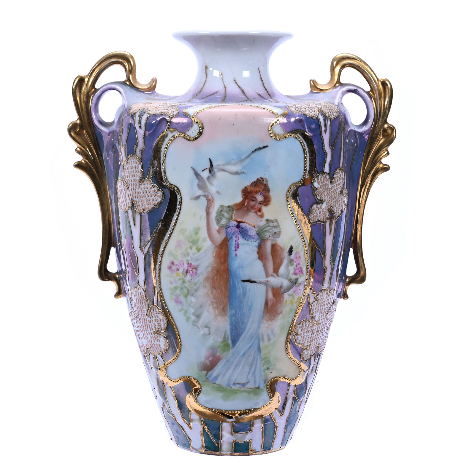 Two Handled Vase, Marked Royal Saxe - Iridescent Lavender Ground With Scene Of Woman And Doves (1 of 3)