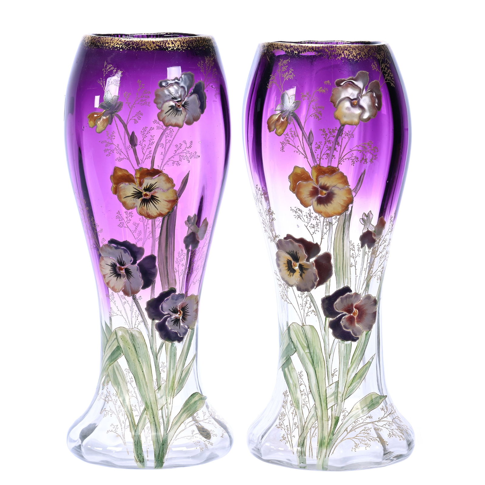 Pair Vases, Unmarked Moser Style Amethyst Shading To Clear Art Glass - Enameled Pansy Decor (1 of 3)