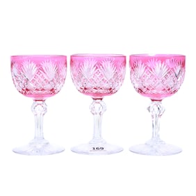 (3) Wine Stems, American Brilliant Cut Glass, Cranberry Cut To Clear - Pattern #28 by Dorflinger