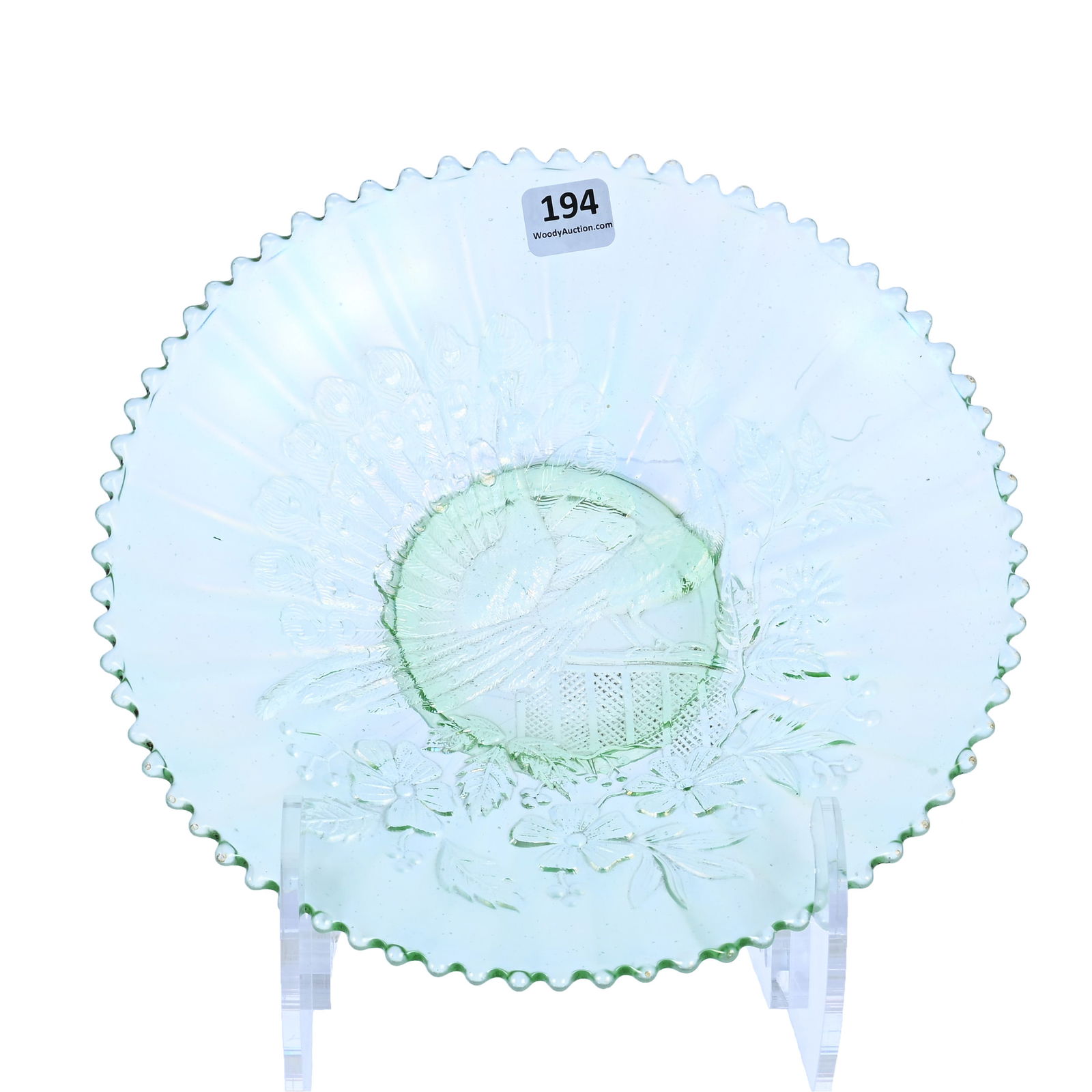 Plate, Carnival Glass, Northwood's Peacocks On Fence, Ice Green (1 of 2)