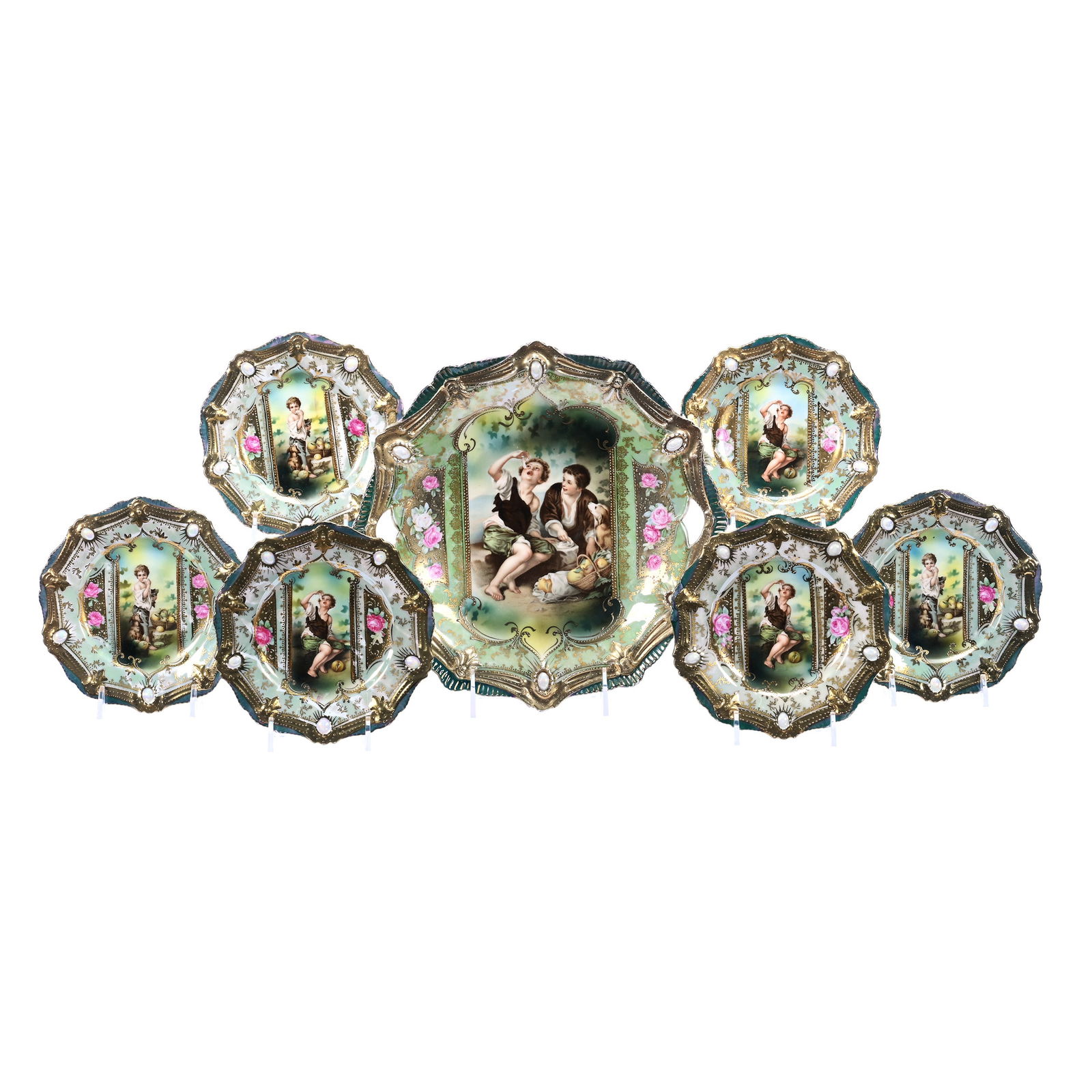 Cake Set Marked R.S. Prussia, Melon Eater Scenic Decor, Opal Jewel Highlights (1 of 2)