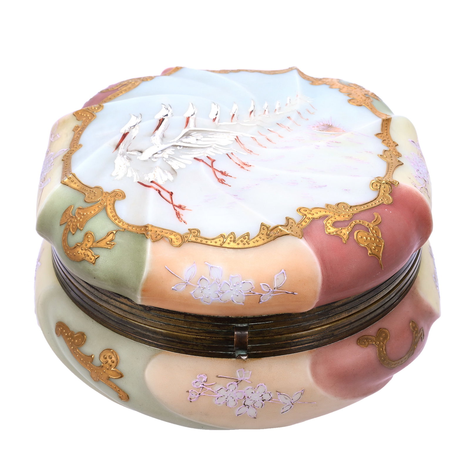 Dresser Box, Unmarked C.F. Monroe Art Glass, Swirl Mold: Dresser Box, Unmarked C.F. Monroe Art Glass, Swirl Mold, 4" x 7", Multi-Color With Flying Storks Decor, Original Lining, Grady And Annette Hite Collection, NC.