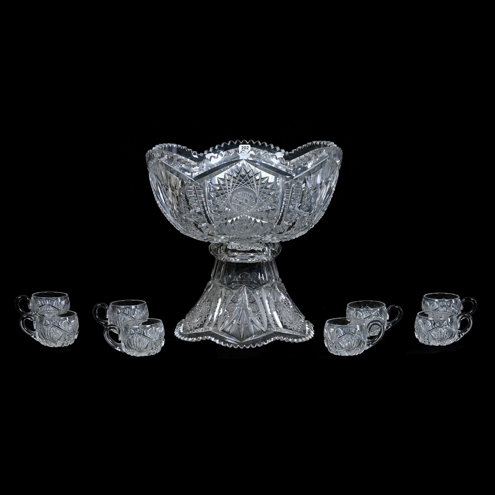 Punch Set, American Brilliant Cut Glass, Keystone Pattern By Fry: Punch Set, American Brilliant Cut Glass, Keystone Pattern By Fry, Exactly As Featured In Fry Glassware By Fry Glass Society, (1) 13.75" x 14" Two Part Punch Bowl With (8) Matching Punch Cups - (4) Tee