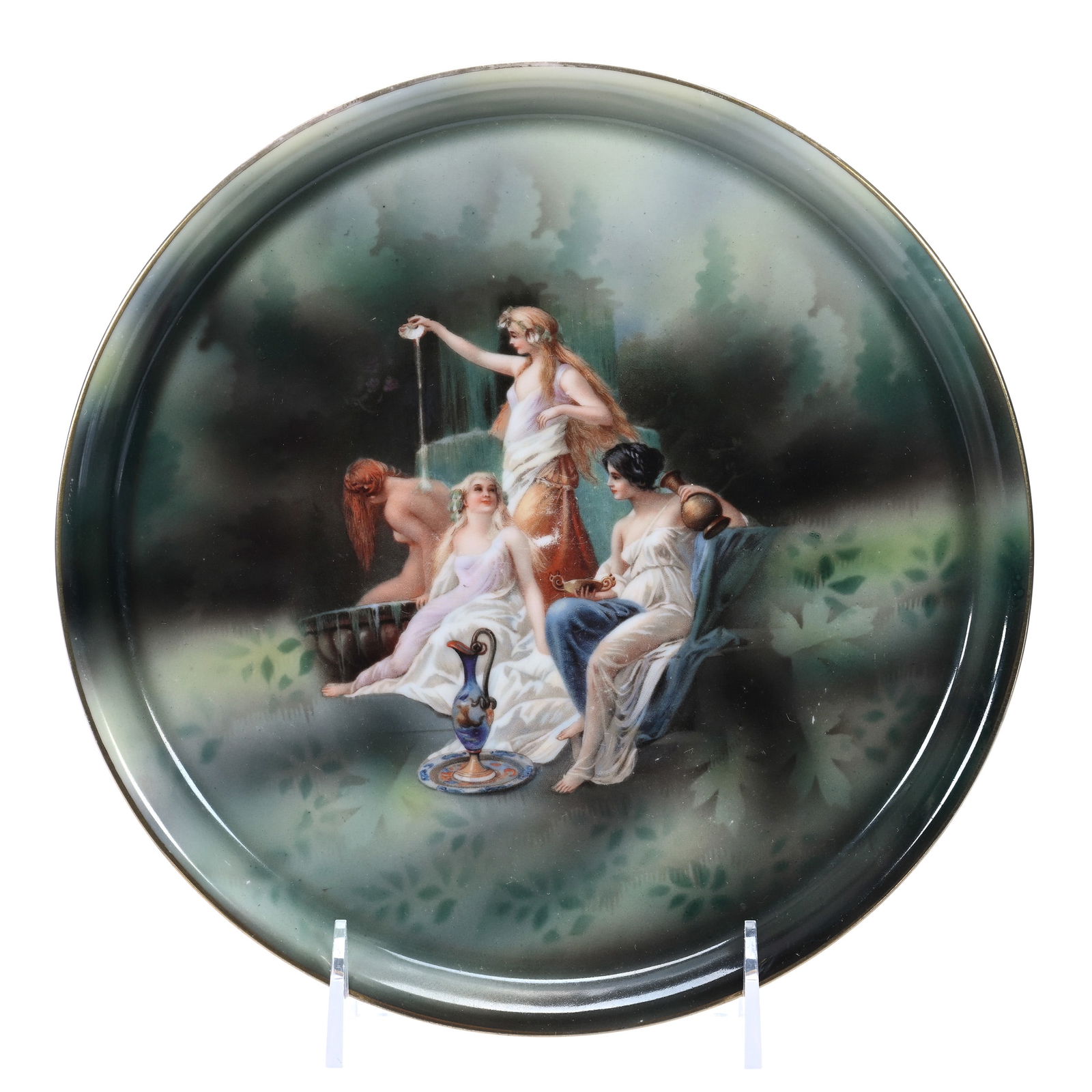 Round Tray Marked R.S. Germany - Green Tones With Bathing Beauties Scenic Decor (1 of 2)