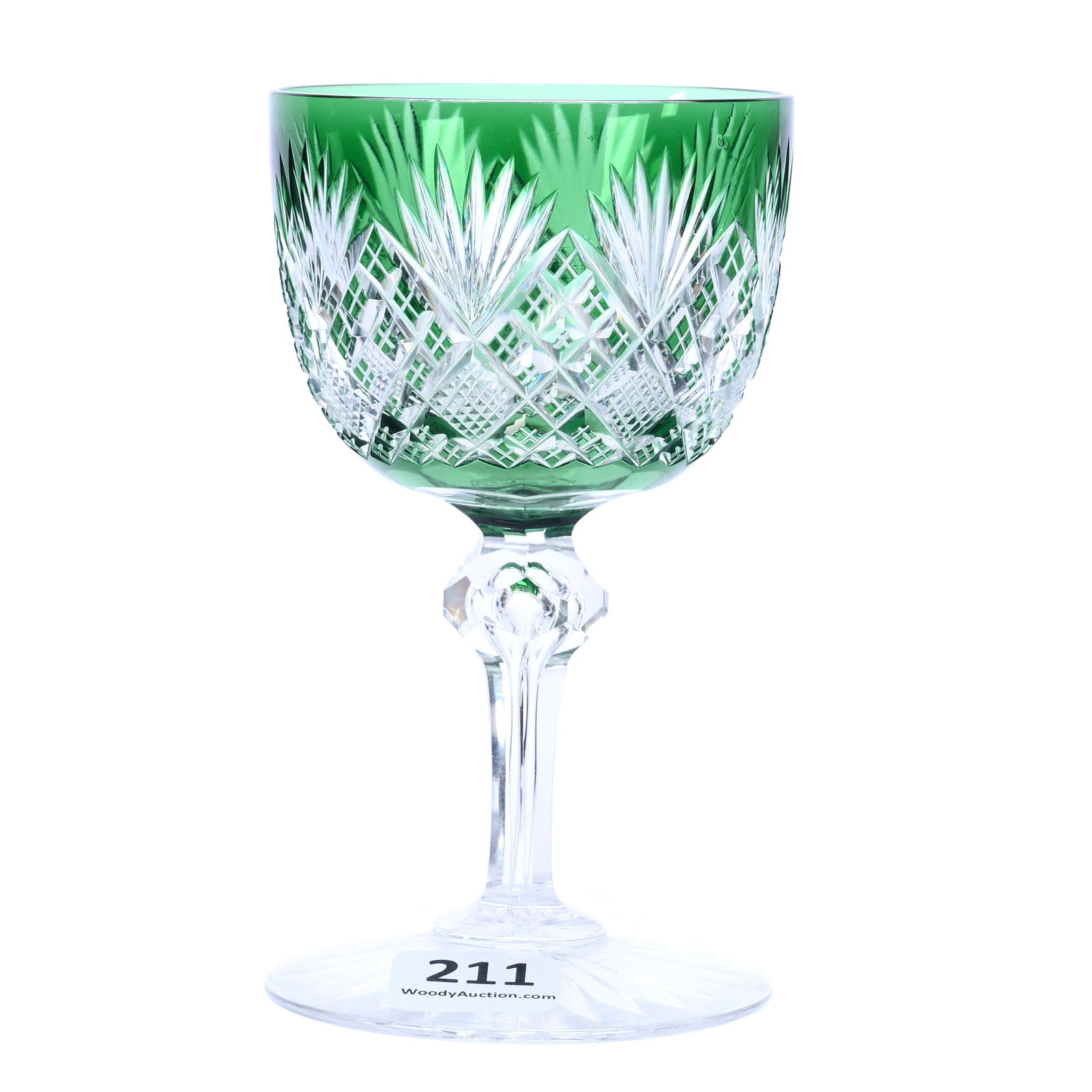 Wine Stem, American Brilliant Cut Glass, Green Cut To Clear - Pattern #28 by Dorflinger: Wine Stem, American Brilliant Cut Glass, Green Cut To Clear - Pattern #28 by Dorflinger, 4.75" x 2.75", Crosscut Diamond, Strawberry Diamond And Fan Motif, Ray Cut Foot, Grady And Annette Hite Collect