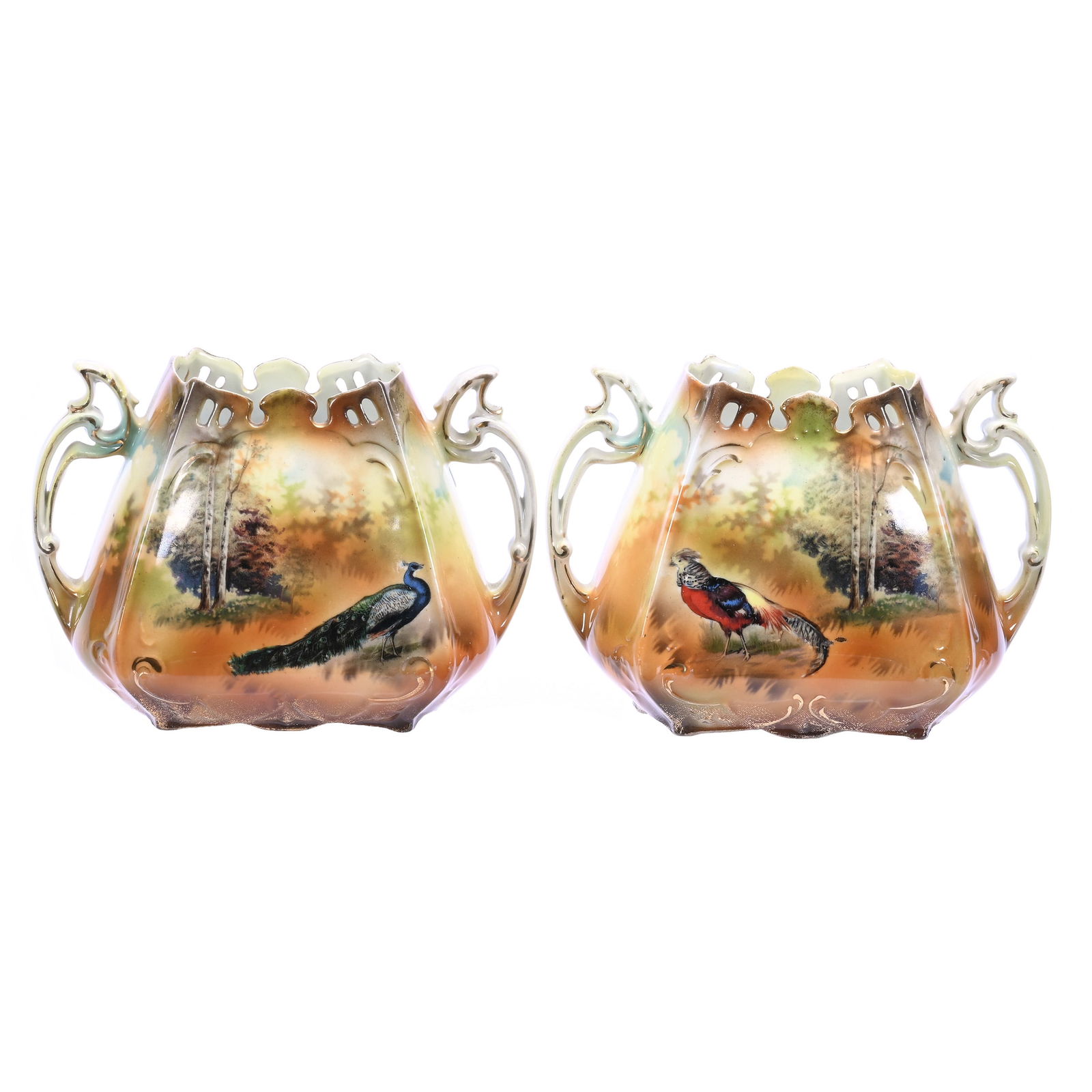 Pair Rectangular Vases, Unmarked R.S. Prussia, Pheasant And Peacock Scenic Decors (1 of 3)