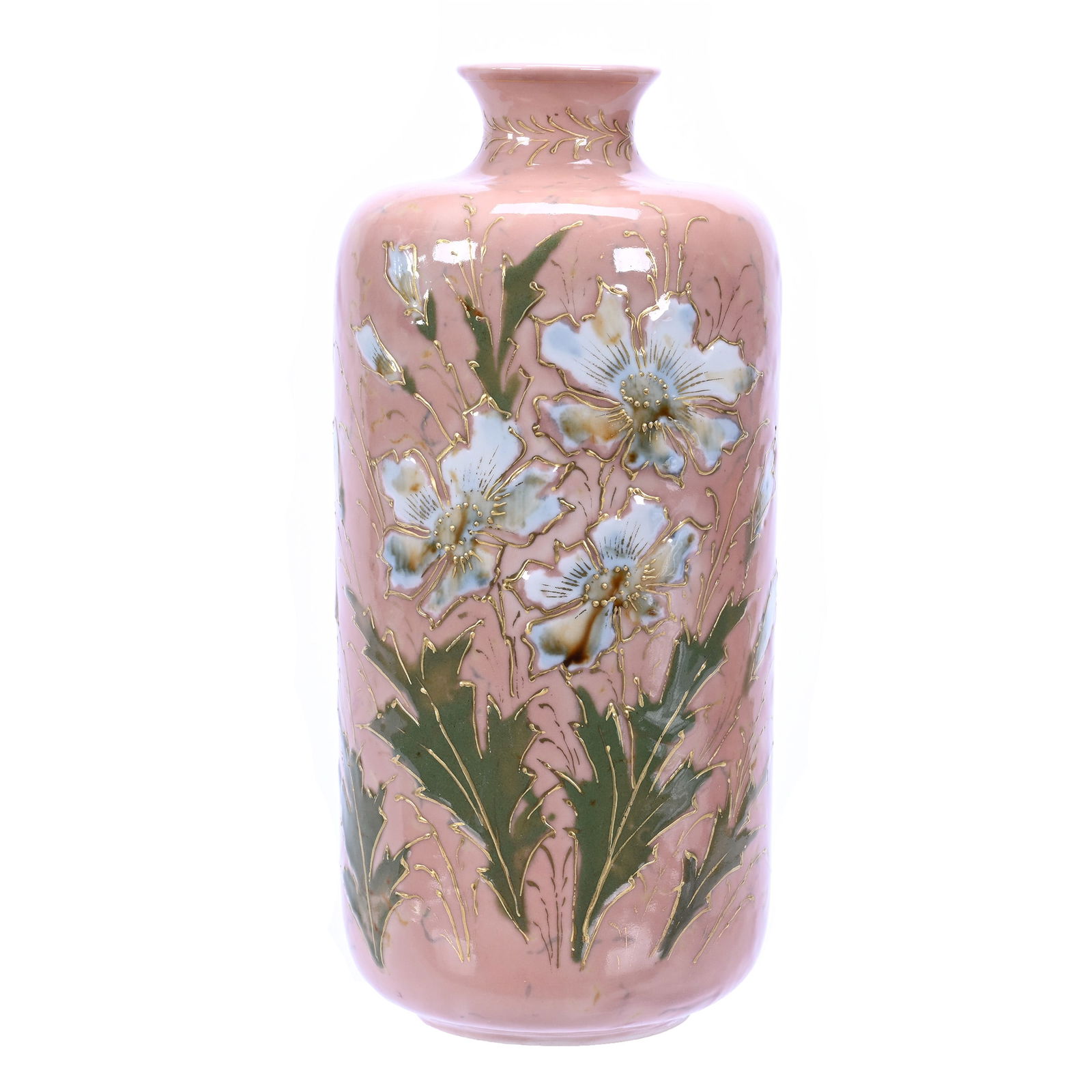 Vase Marked R.S. Prussia Steeple Mark, Pink Marble Ground With Floral Relief (1 of 3)