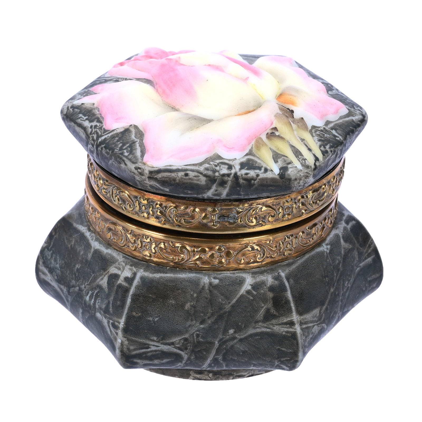Jewel Box Marked Kelva, Blown Mold Rose Lid: Jewel Box Marked Kelva, Blown Mold Rose Lid, 3" x 3.5", Green Mottled Ground, Six-Sided, No Clasp, Grady And Annette Hite Collection, NC.