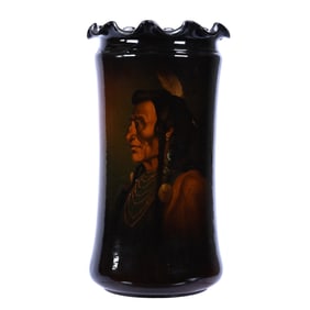 Umbrella Stand, Unmarked Art Pottery, Exceptional Hand Painted Portrait Of Native American Brave