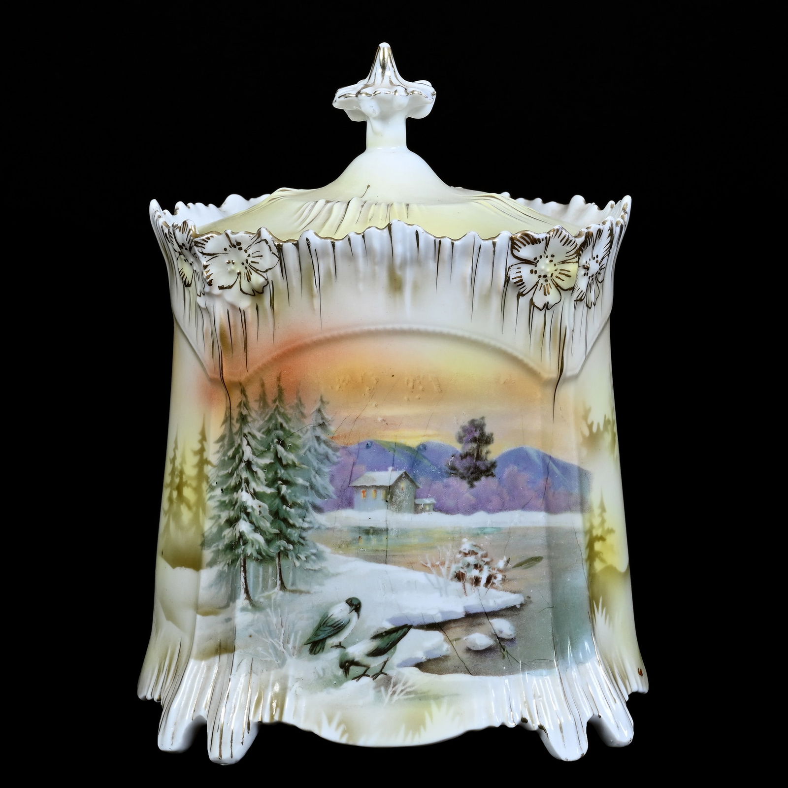 Biscuit Jar, Unmarked R.S. Prussia, Rare Snowbirds Scenic Decor, Icicle Mold (1 of 3)