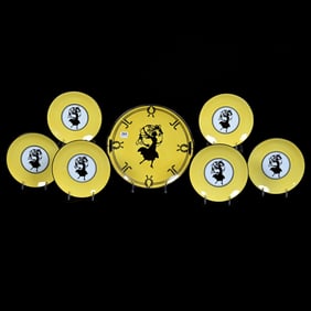 Cake Set Marked R.S. Germany, Bright Yellow With Silhouette Of Dancing Woman