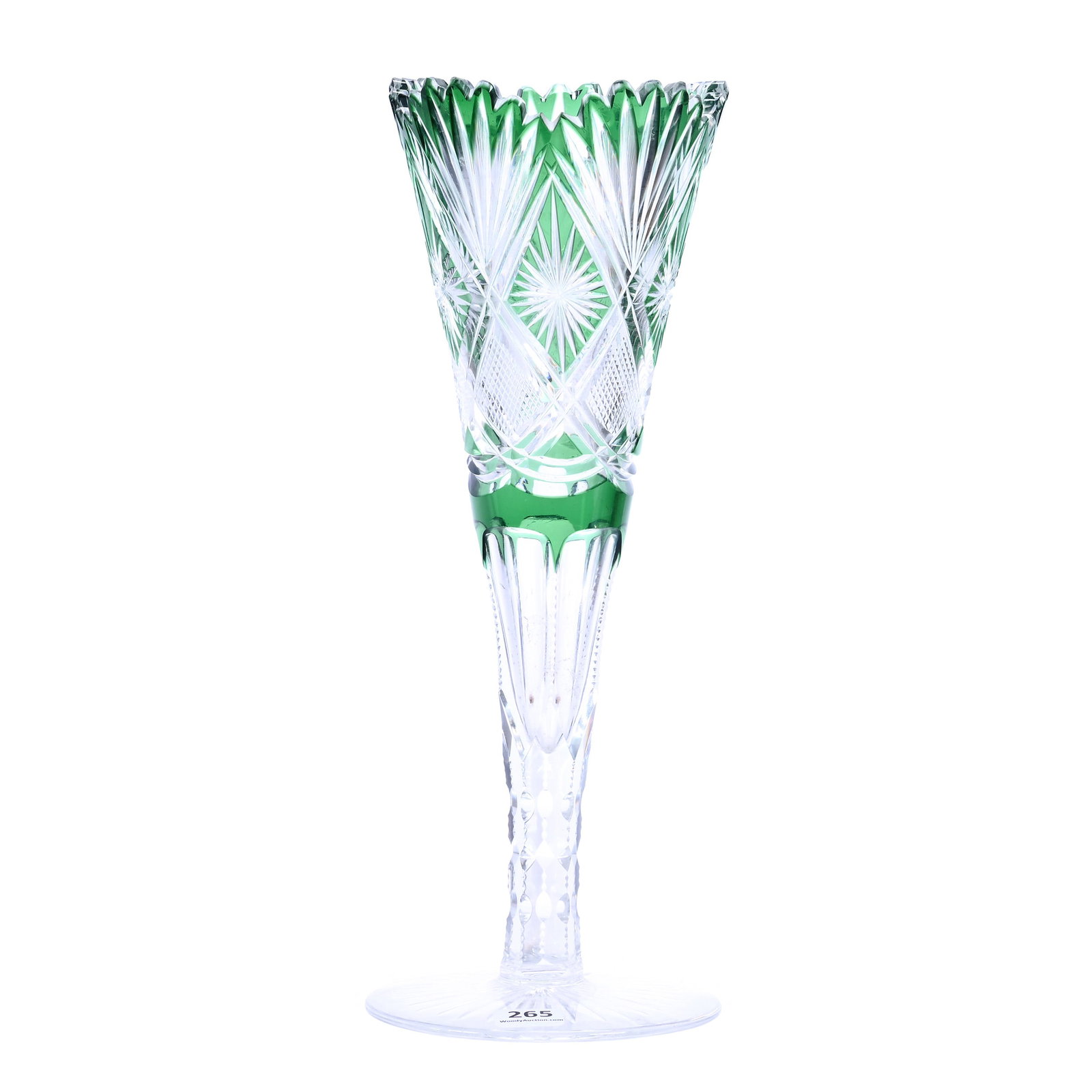Trumpet Vase, Brilliant Period Cut Glass, Green Cut To Clear: Trumpet Vase, Brilliant Period Cut Glass, Green Cut To Clear, 12" x 4.5", Pattern #1338/7920 By Val St. Lambert, Circa 1908, Ray Cut Foot, Grady And Annette Hite Collection, NC.
