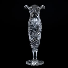 Vase, American Brilliant Cut Glass, Engraved Floral Pattern, Ruffled Rim