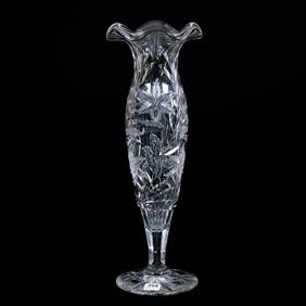 Vase, American Brilliant Cut Glass, Engraved Floral Pattern, Ruffled Rim (1 of 3)