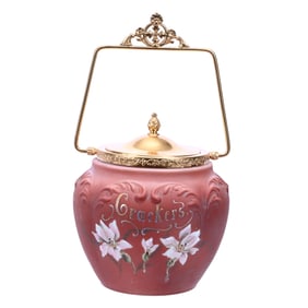Cracker Jar Marked Nakara, Dusty Rose Tones, Embossed Scroll Mold