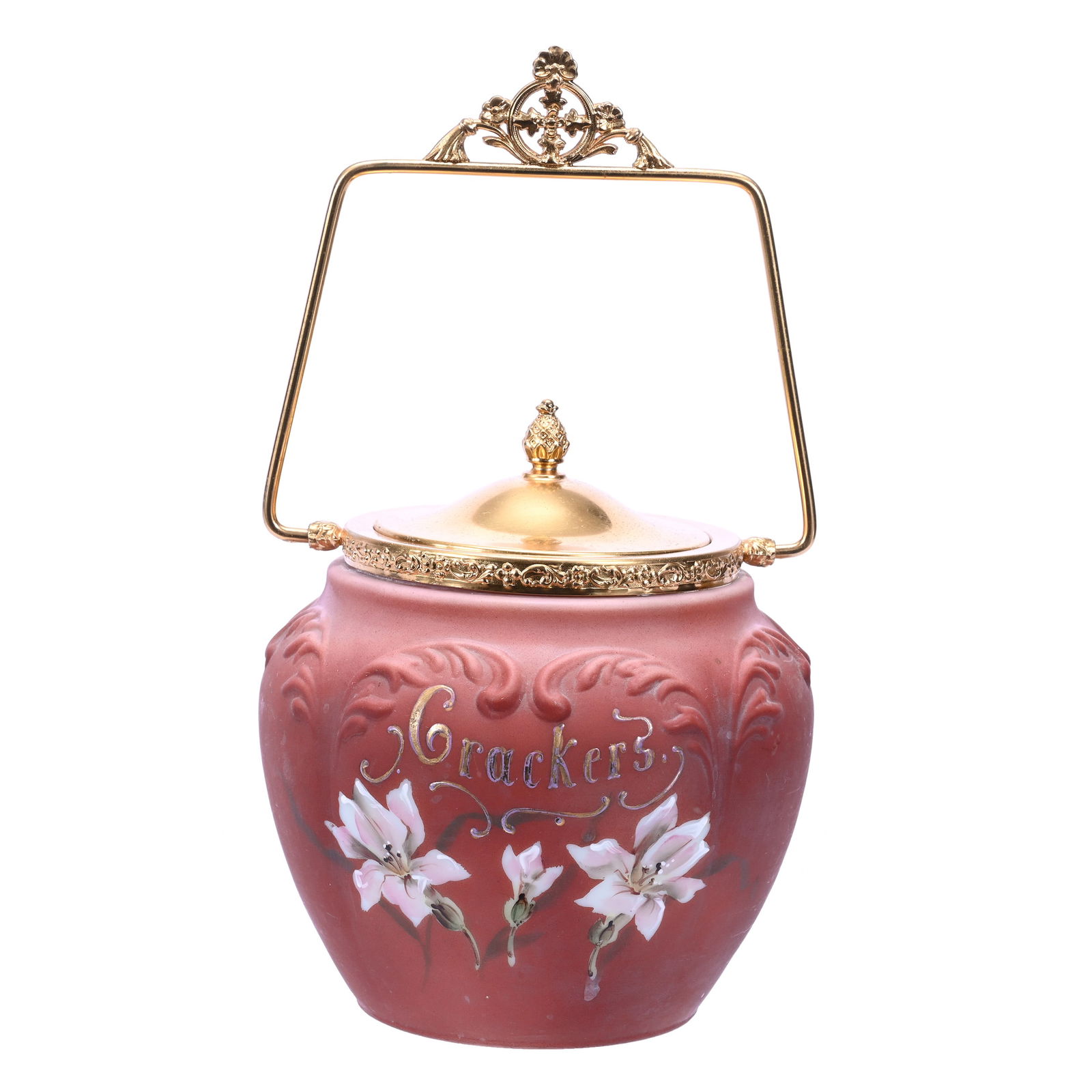 Cracker Jar Marked Nakara, Dusty Rose Tones, Embossed Scroll Mold (1 of 3)