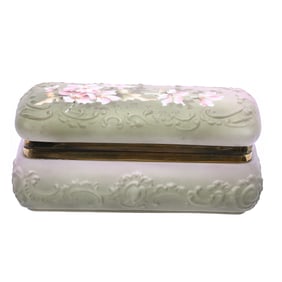 Glove Box Marked Nakara, Green And Pink Tones, Fancy Scroll Mold