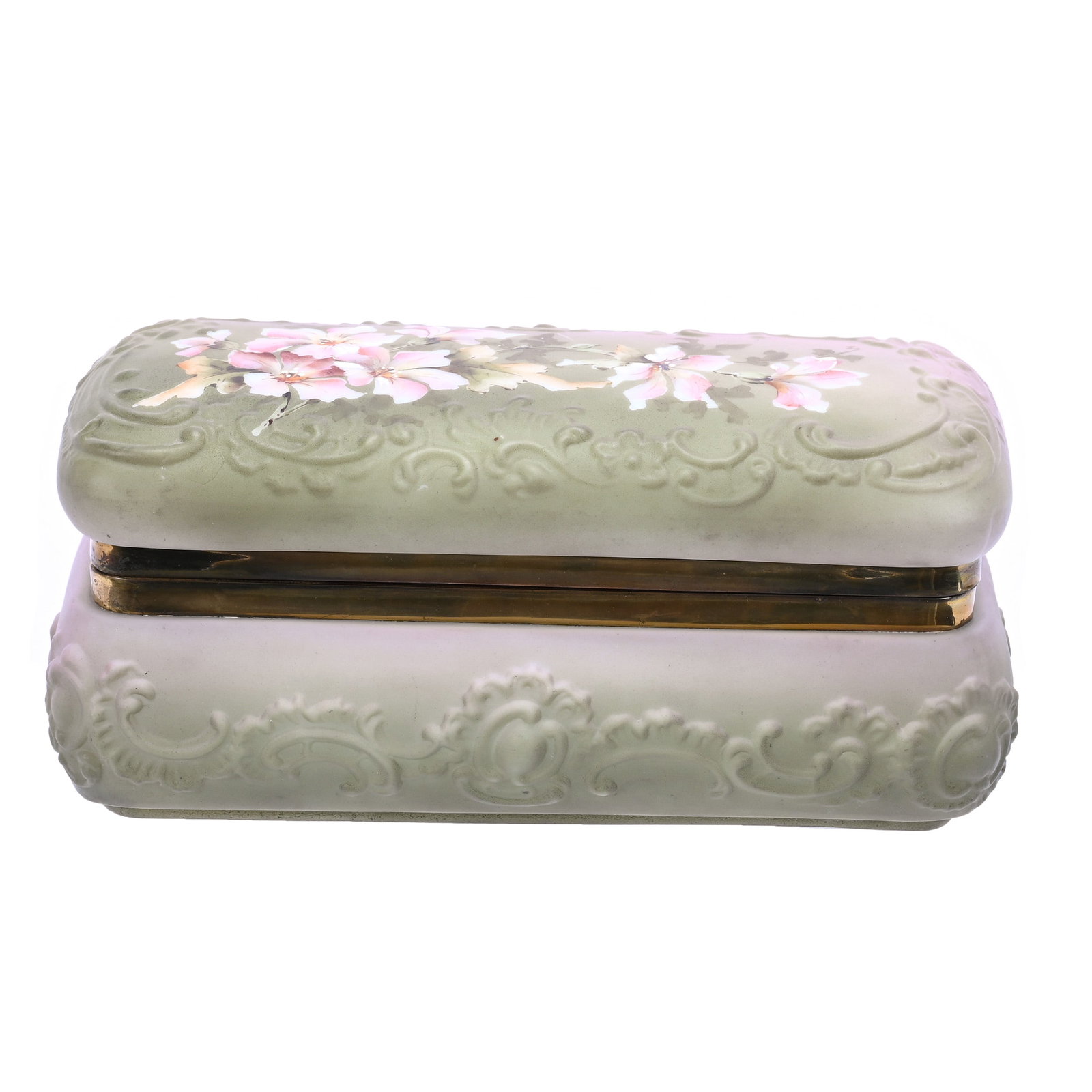 Glove Box Marked Nakara, Green And Pink Tones, Fancy Scroll Mold: Glove Box Marked Nakara, Green And Pink Tones, Fancy Scroll Mold, 4.5" x 9.75" x 4.25", Pink Floral Decor, Original Lining, Grady And Annette Hite Collection, NC.