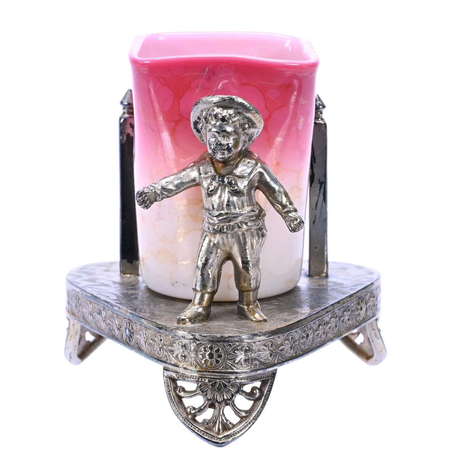 Toothpick Holder, New England Peachblow Agata Art Glass: Toothpick Holder, New England Peachblow Agata Art Glass, 3.25" x 3.25", Square Top, Set On Tufts #2590 Silverplate Frame With Kate Greenaway Boy, Grady And Annette Hite Collection, NC.