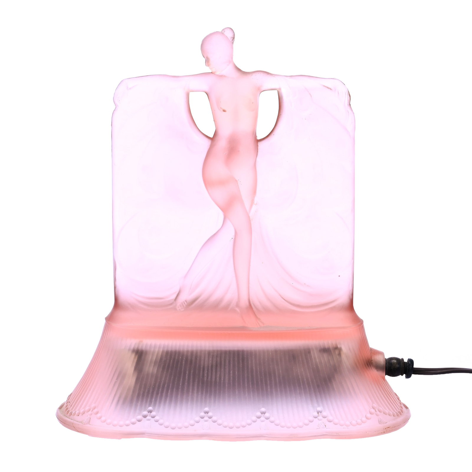Figural Lamp, Art Deco Titled "Danse De Lumiere" By Mckee Glass: Figural Lamp, Art Deco Titled "Danse De Lumiere" By Mckee Glass, 11" x 9.75" x 4.5", Pink Frosted Nude With Peacock Drape, Original Wiring, Working Condition, Grady And Annette Hite Collection, NC.