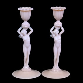Pair Candlesticks With Nude Stems, Cambridge Crown Tuscan Art Glass