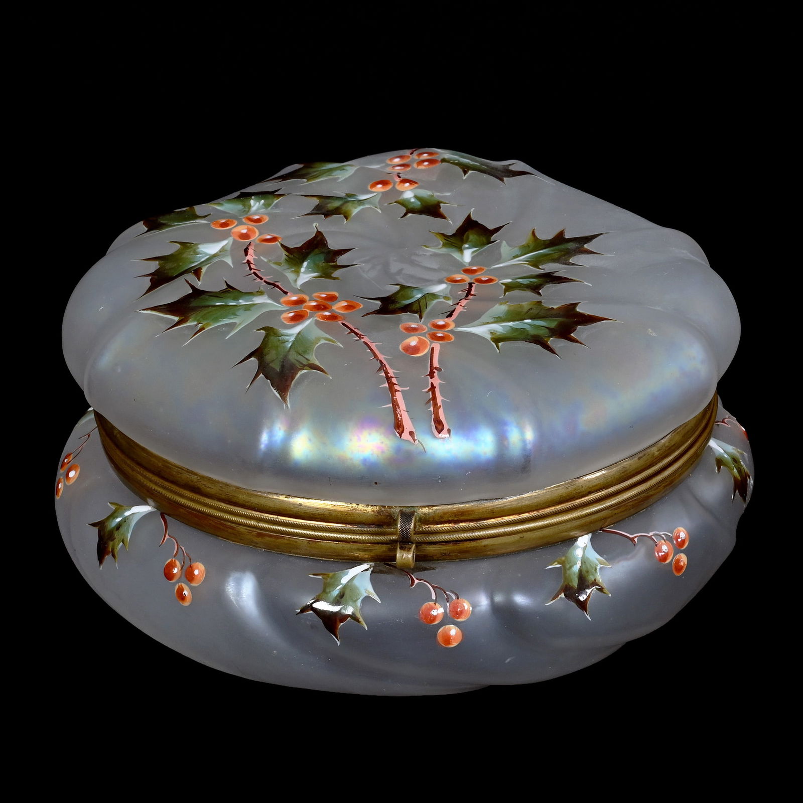 Dresser Box, Unmarked Wave Crest, Frosted Iridized Crystal, Swirl Mold (1 of 3)