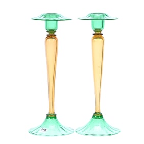 Pair Candlesticks, Amber Body With Pomona Green Flared Top And Foot