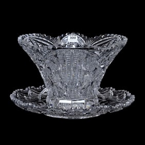 Salad Bowl And Underplate, American Brilliant Cut Glass, Signed Libbey Corona Pattern