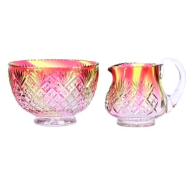 Creamer And Sugar, Brilliant Period Cut Glass, Rainbow Cut To Clear