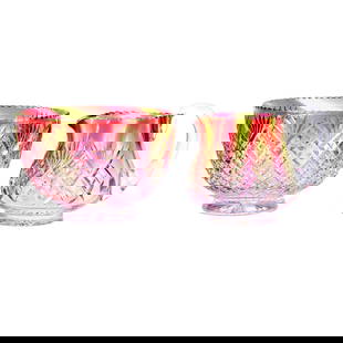 Creamer And Sugar, Brilliant Period Cut Glass, Rainbow Cut To Clear: Creamer And Sugar, Brilliant Period Cut Glass, Rainbow Cut To Clear, 2.75" x 4", Crosscut Diamond And Fan Pattern, Ray Cut Base, Excellent Color, Grady And Annette Hite Collection, NC.