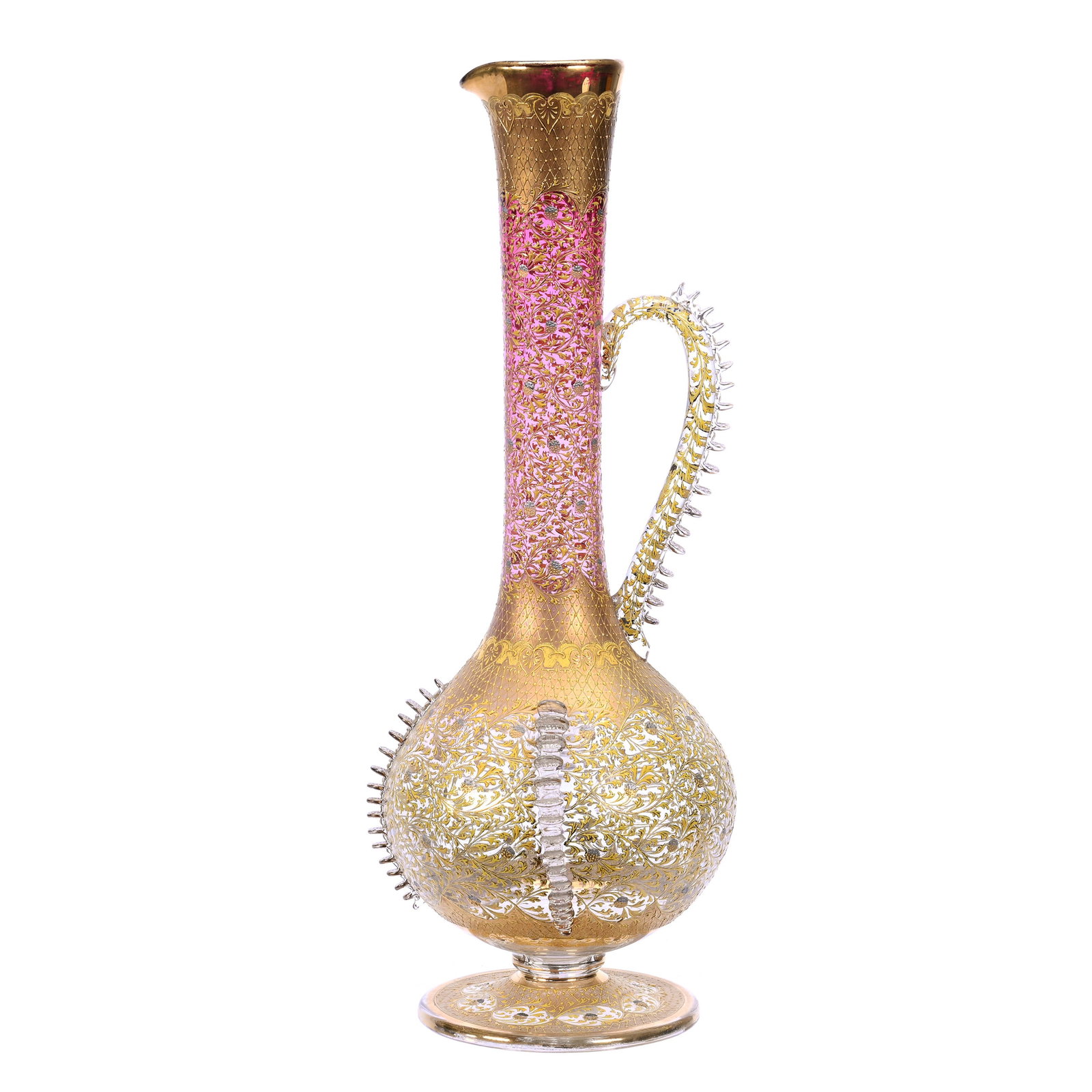 Pedestal Ewer, Rubina Art Glass With Extensive Gold And Yellow Enamel Floral Decor: Pedestal Ewer, Rubina Art Glass With Extensive Gold And Yellow Enamel Floral Decor, 16.5" x 6.25", Applied Rigaree Ridges On Handle, Grady And Annette Hite Collection, NC.